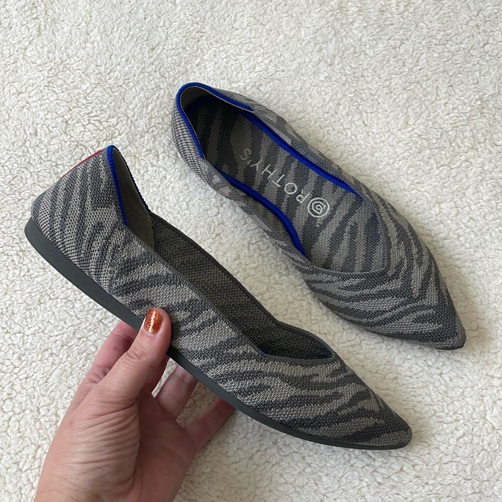 Rothy’s The Point Gray Zebra Print Flats Shoes Size 7.5